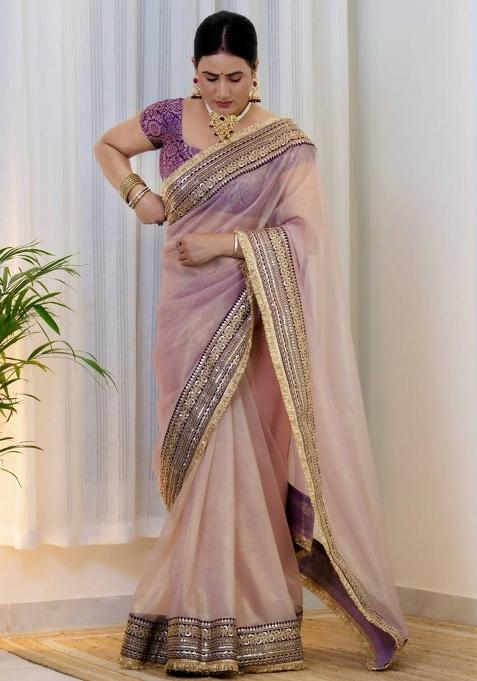 Purple Embroidered Polyester Saree Set