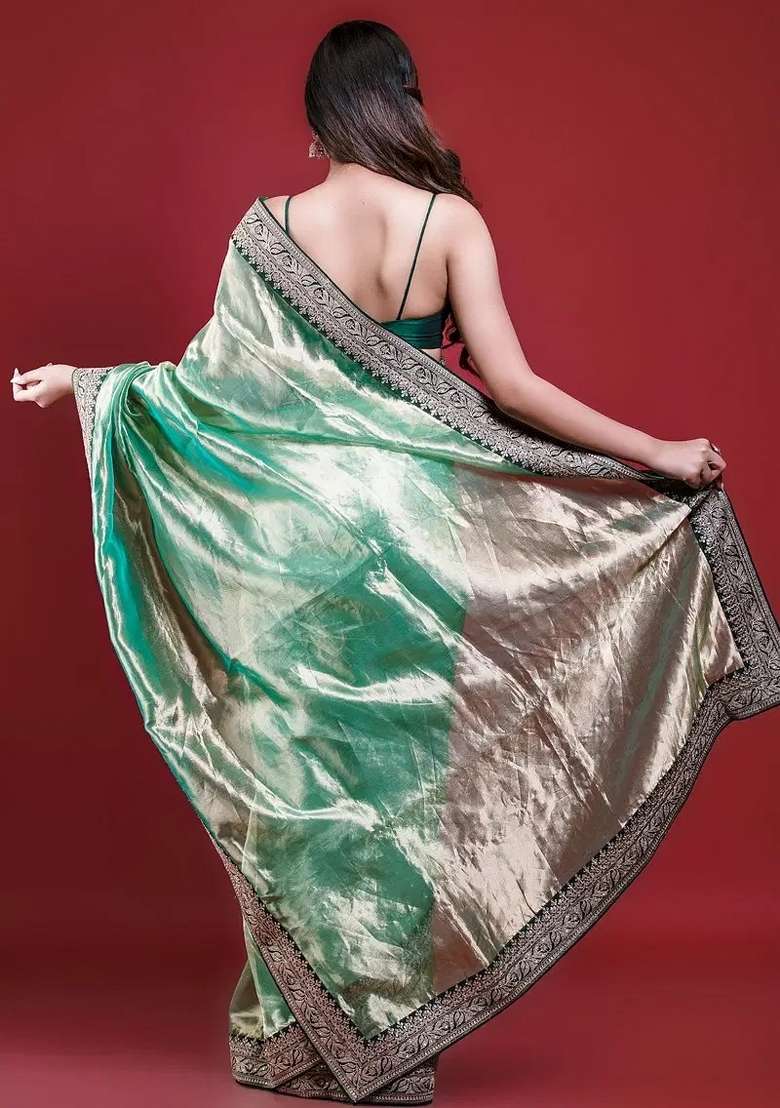 Green Embroidered Polyester Saree Set for Diwali and Festive Wear - Indya