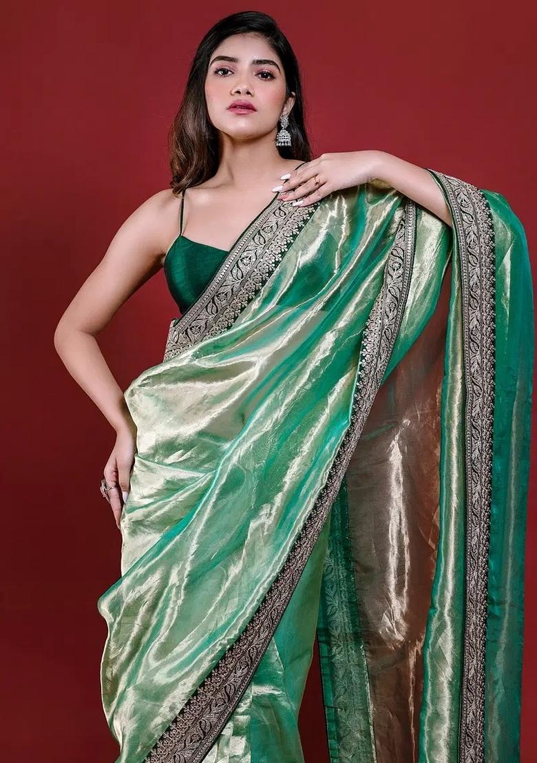 Green Embroidered Polyester Saree Set - Indya