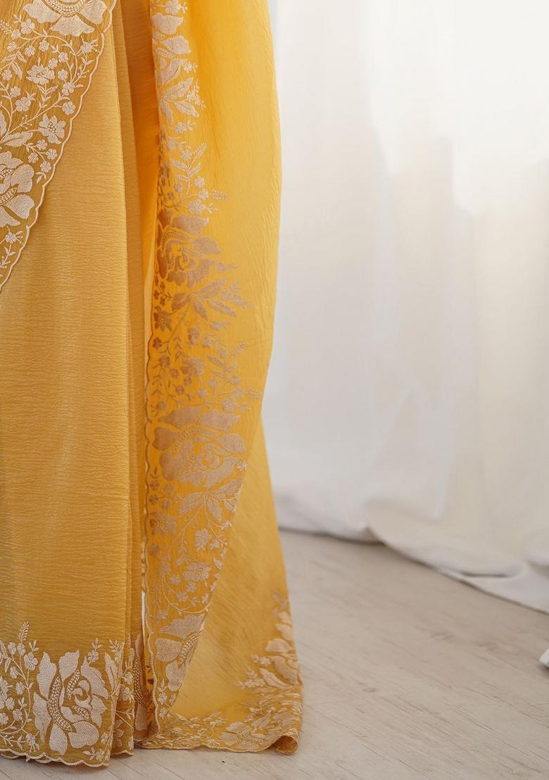 Yellow Embroidered Polyester Saree Set - Indya