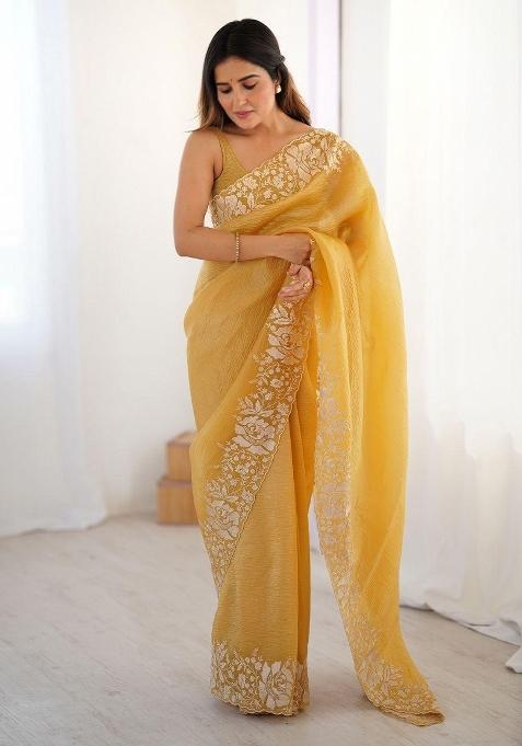 Yellow Embroidered Polyester Saree Set
