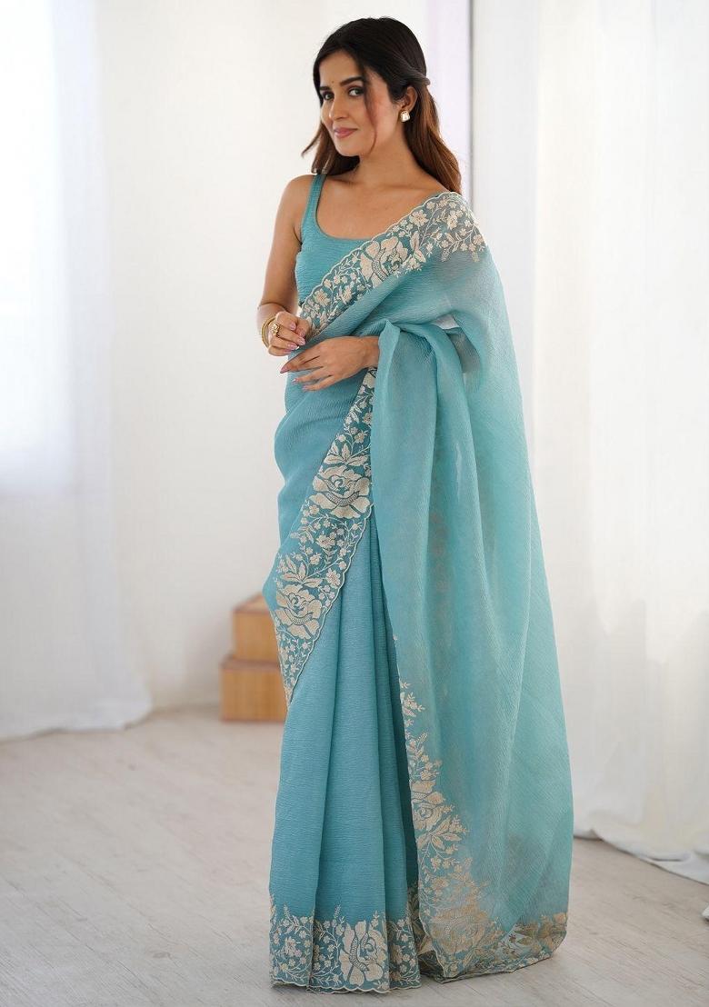 Blue Embroidered Polyester Saree Set - Indya