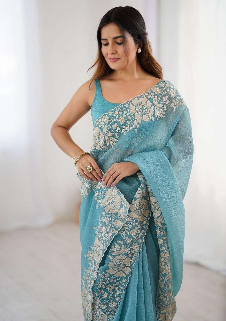 Blue Embroidered Polyester Saree Set for Diwali and Festive Wear - Indya
