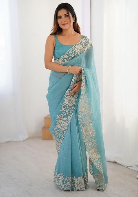 Blue Embroidered Polyester Saree Set