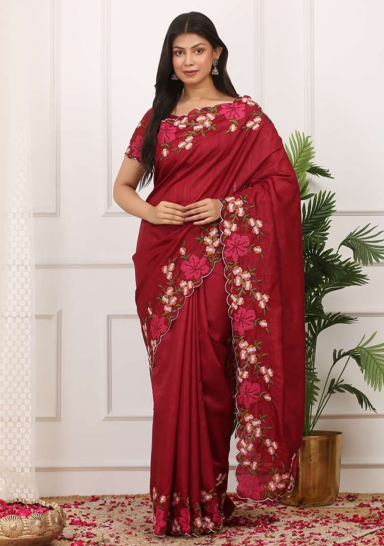 Maroon Polyester Saree Set with Embroidered for Diwali | Wedding & Festive Wear - Indya