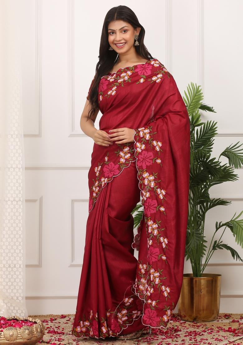 Maroon Embroidered Polyester Saree Set - Indya