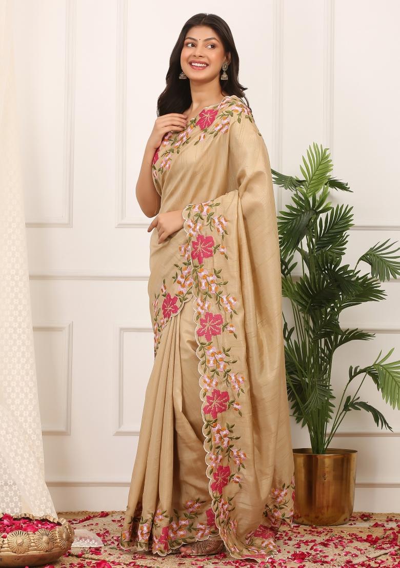 Beige Embroidered Polyester Saree Set - Indya