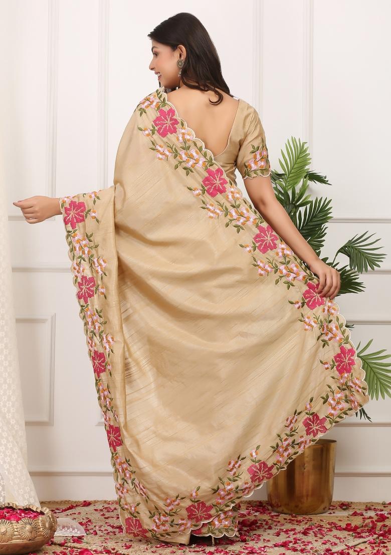 Beige Embroidered Polyester Saree Set - Indya