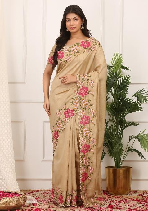 Beige Embroidered Polyester Saree Set