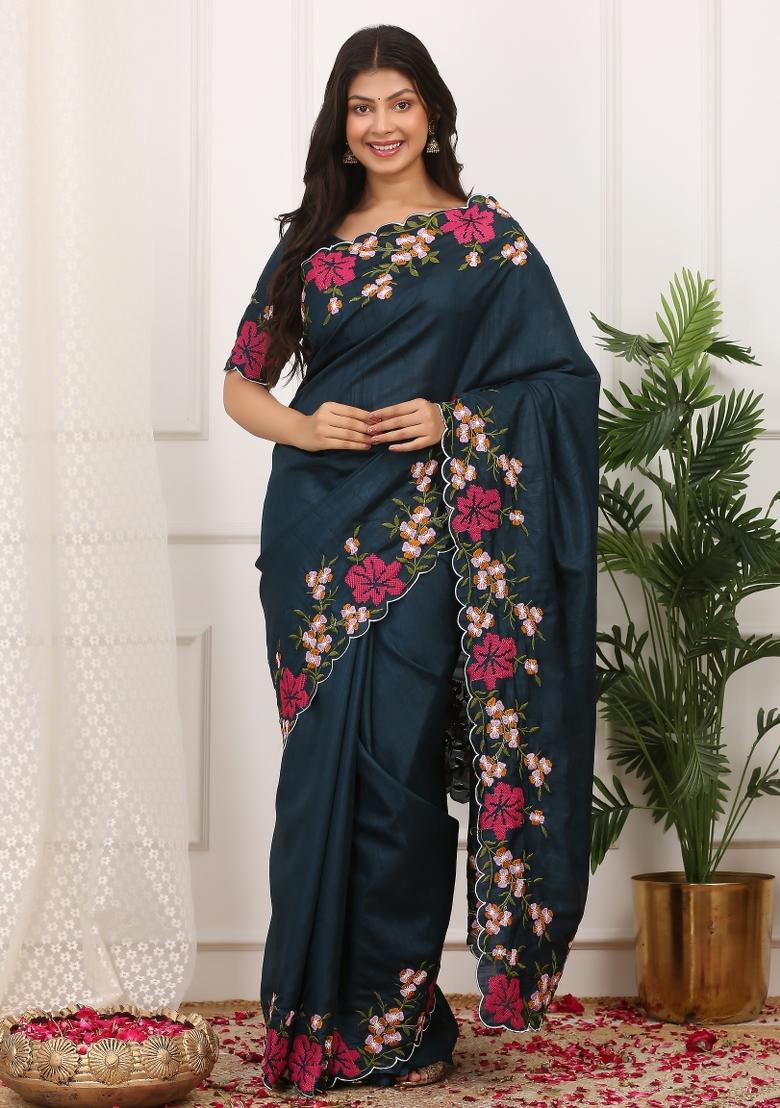 Teal Embroidered Polyester Saree Set - Indya