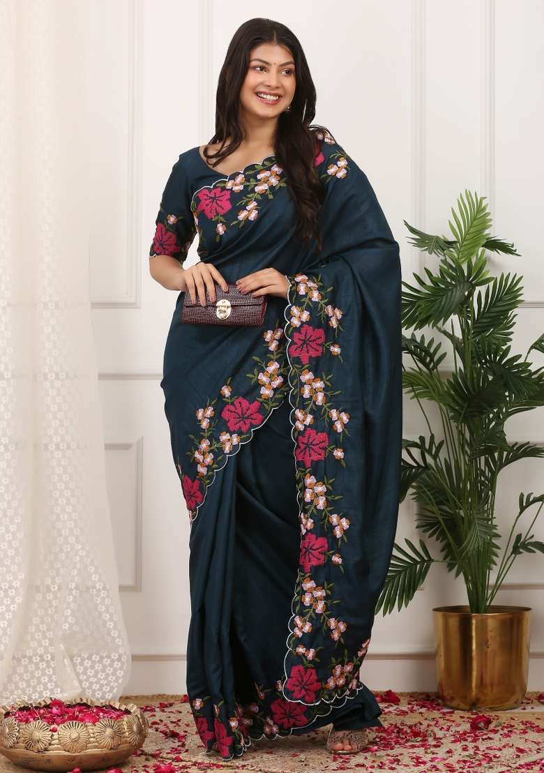 Teal Embroidered Polyester Saree Set for Diwali and Festive Wear - Indya