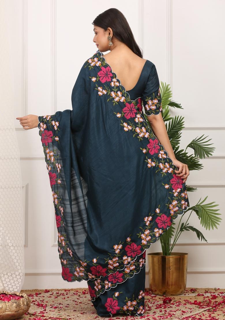 Teal Embroidered Polyester Saree Set - Indya