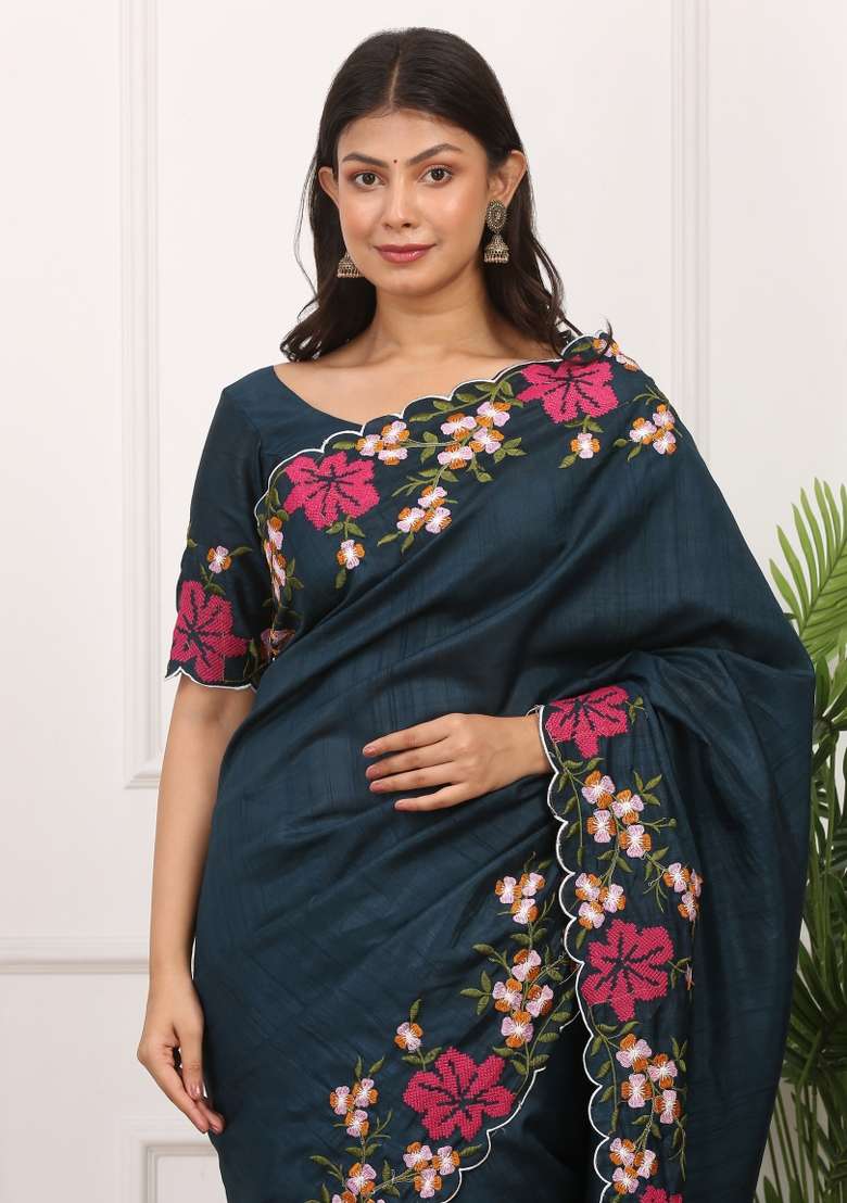 Teal Embroidered Polyester Saree Set for Diwali and Festive Wear - Indya