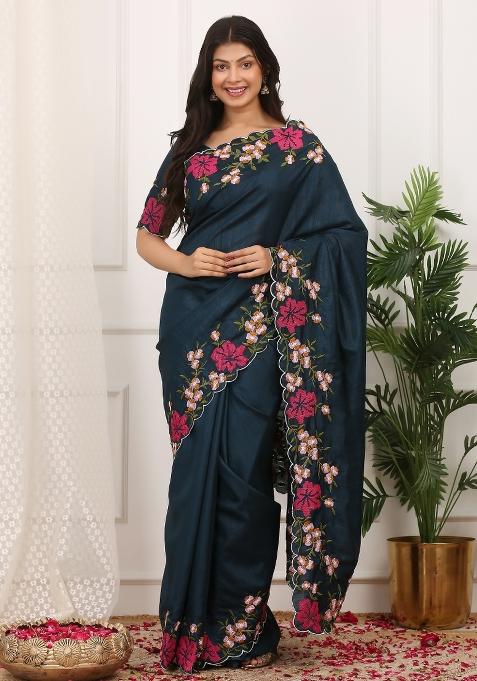 Teal Embroidered Polyester Saree Set