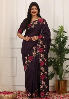 Blue Embroidered Polyester Saree Set