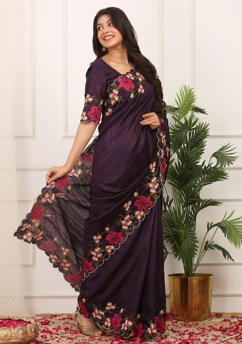 Blue Embroidered Polyester Saree Set - Indya