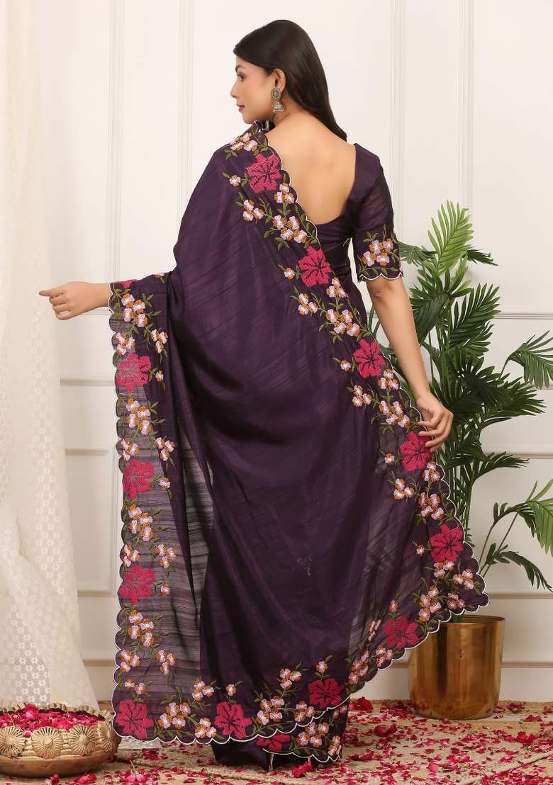 Blue Embroidered Polyester Saree Set for Diwali and Festive Wear - Indya