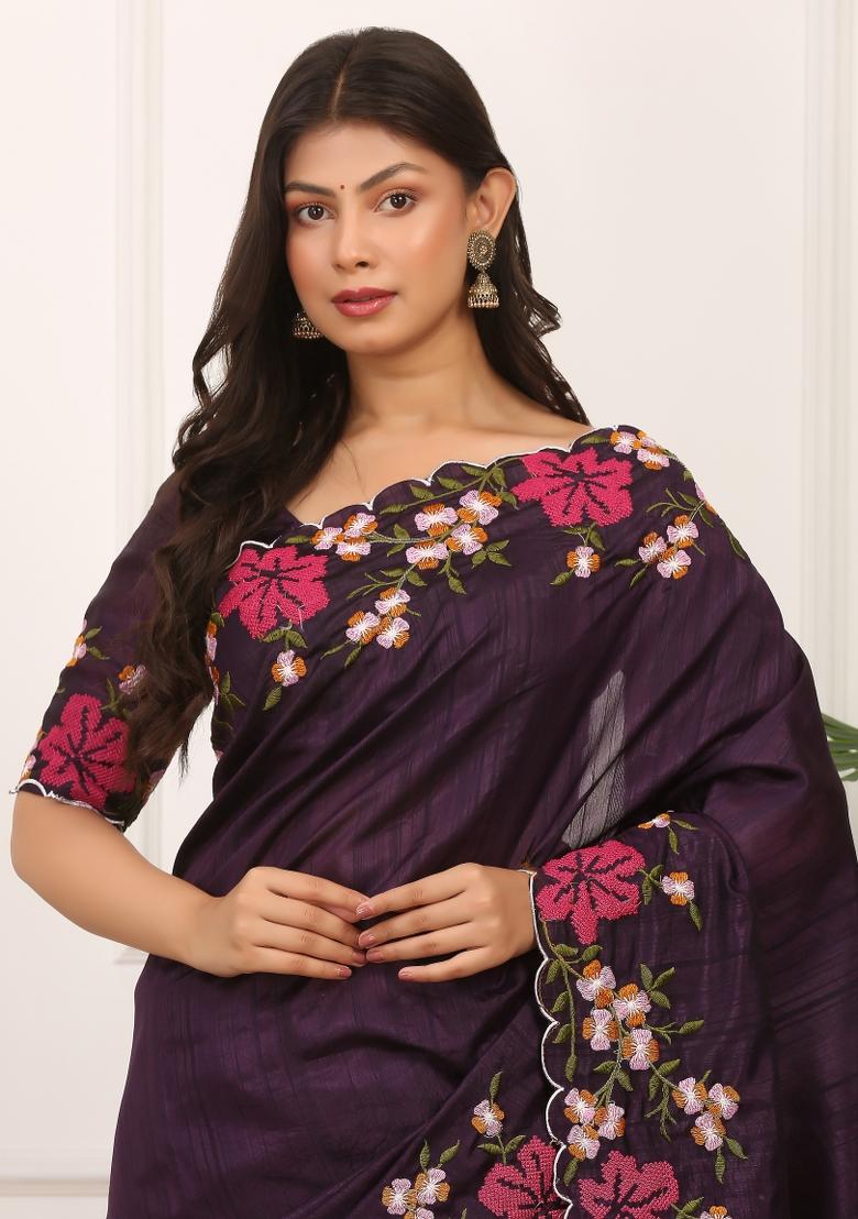 Blue Embroidered Polyester Saree Set - Indya