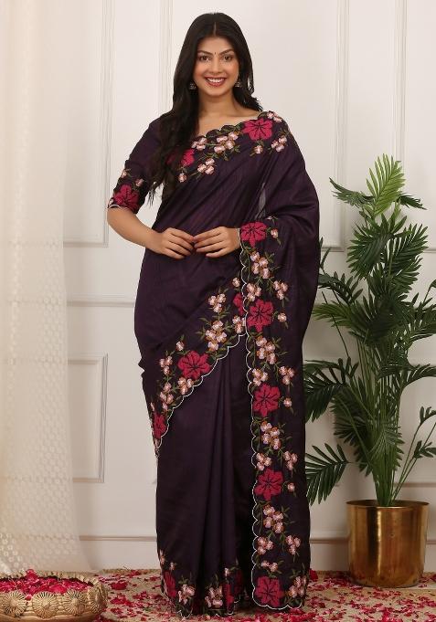 Blue Embroidered Polyester Saree Set