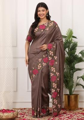 Coffee Embroidered Polyester Saree Set