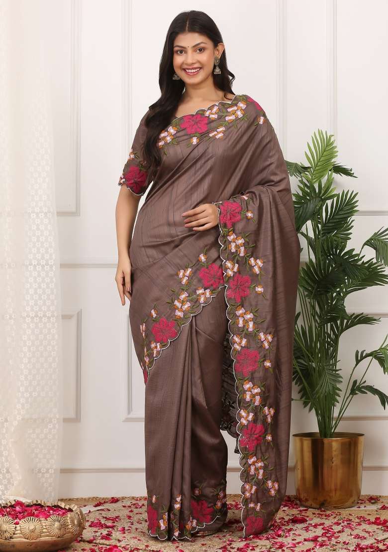 Coffee Polyester Saree Set with Embroidered for Diwali | Wedding & Festive Wear - Indya