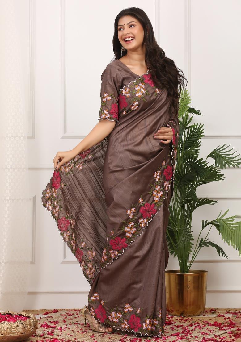 Coffee Embroidered Polyester Saree Set - Indya