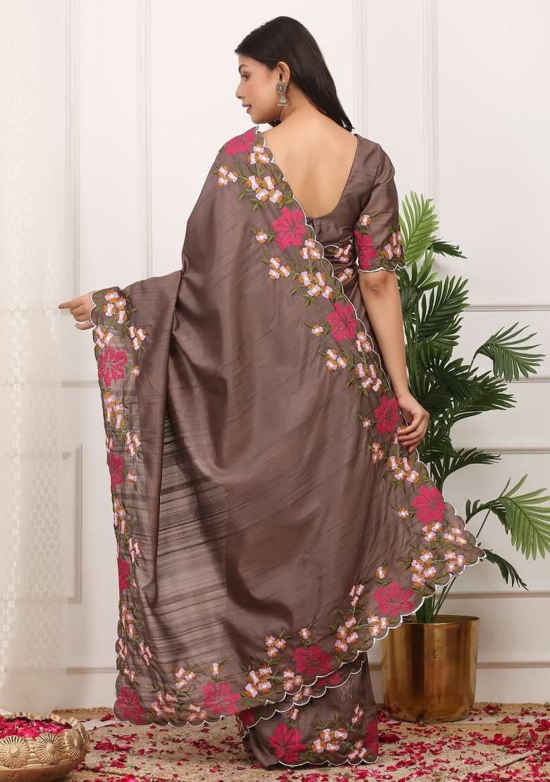 Coffee Polyester Saree Set with Embroidered for Diwali | Wedding & Festive Wear - Indya