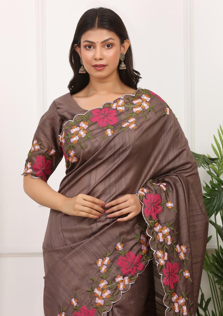 Coffee Embroidered Polyester Saree Set - Indya