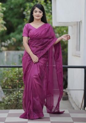 Wine Embroidered Polyester Saree Set