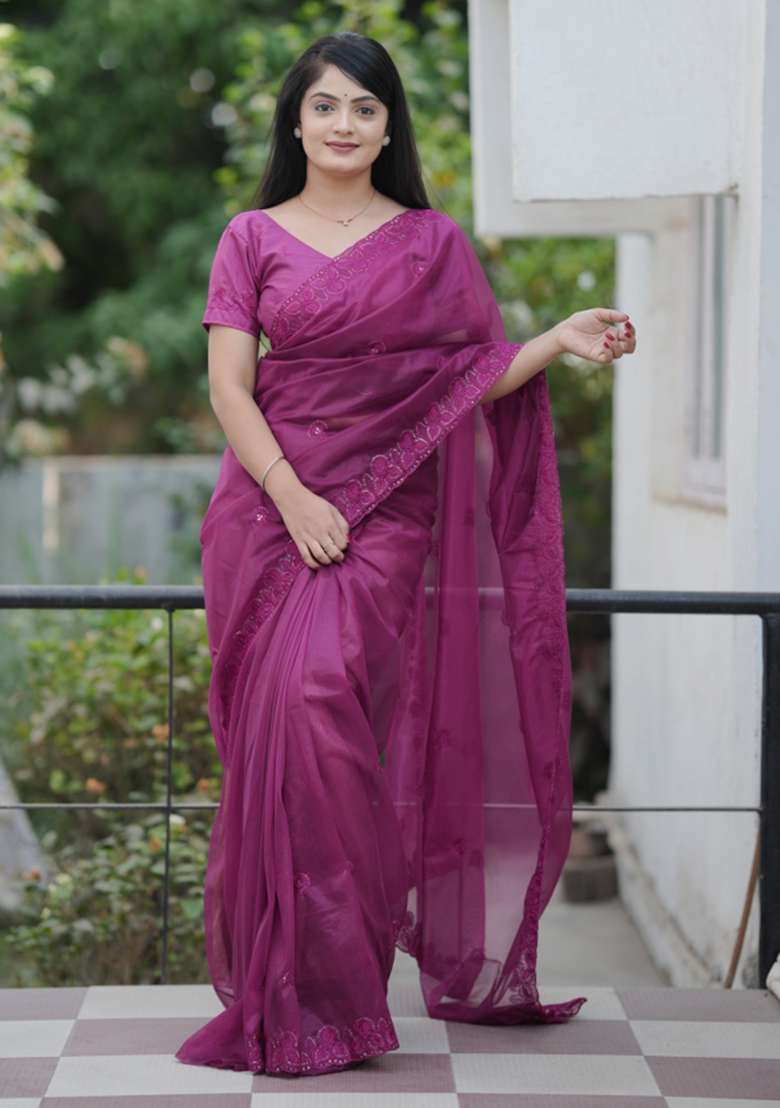 Wine Polyester Saree Set with Embroidered for Diwali | Wedding & Festive Wear - Indya