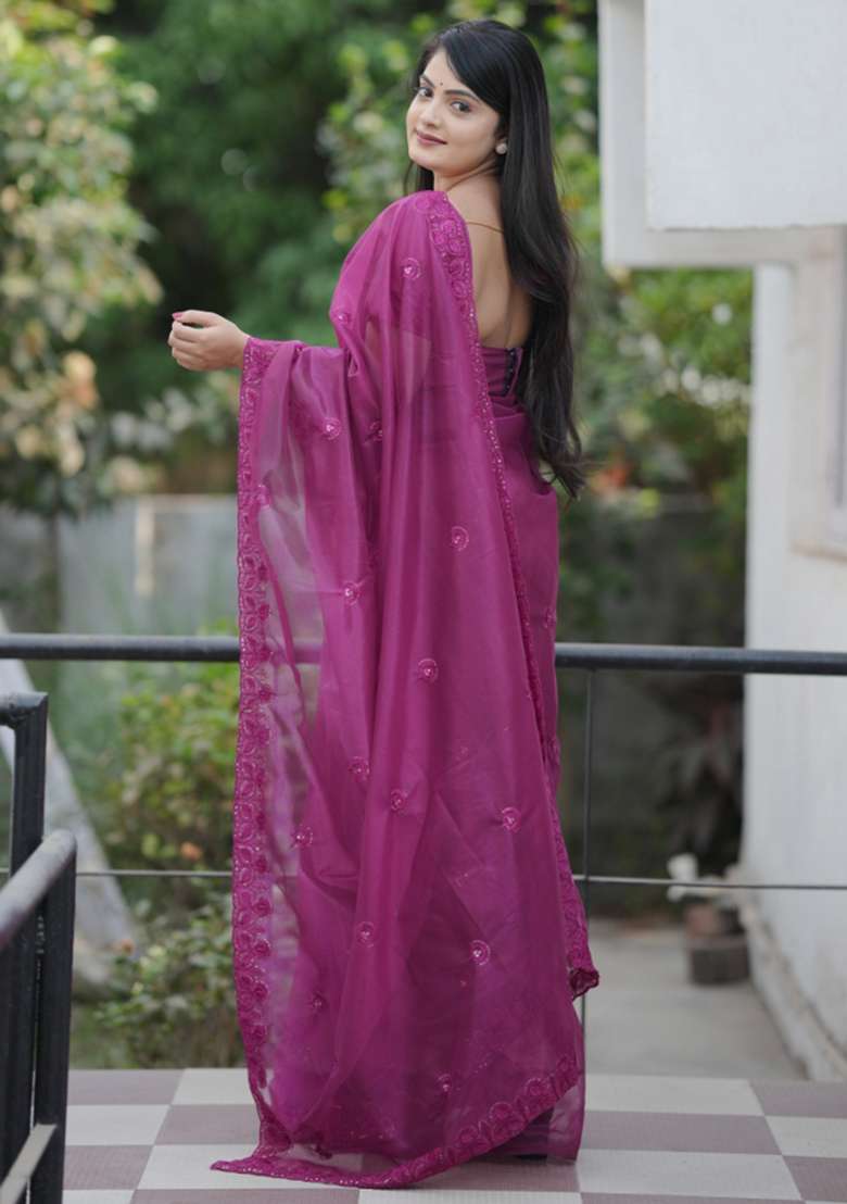 Wine Polyester Saree Set with Embroidered for Diwali | Wedding & Festive Wear - Indya
