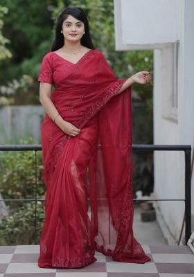 Red Embroidered Polyester Saree Set