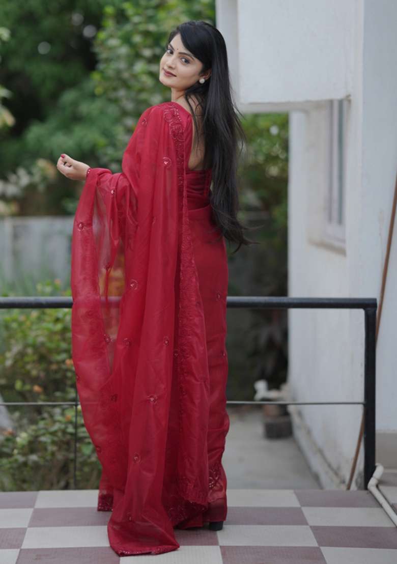 Red Polyester Saree Set with Embroidered for Diwali | Wedding & Festive Wear - Indya