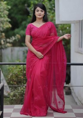 Pink Embroidered Polyester Saree Set