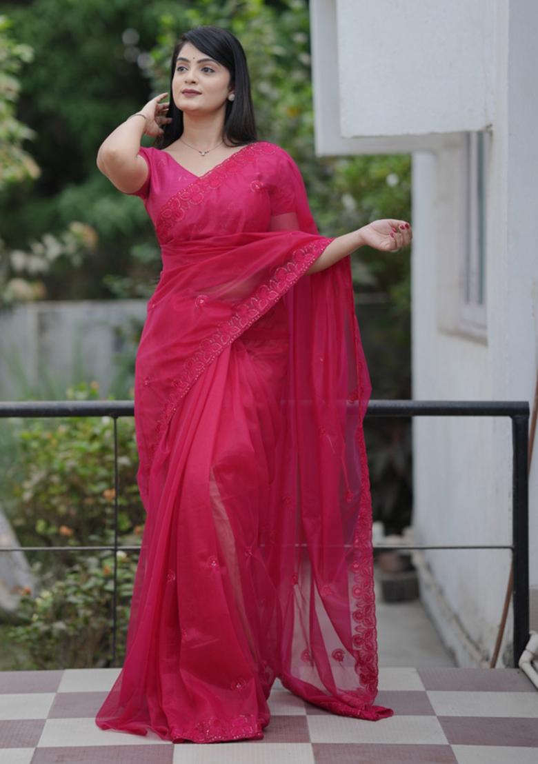 Pink Embroidered Polyester Saree Set - Indya