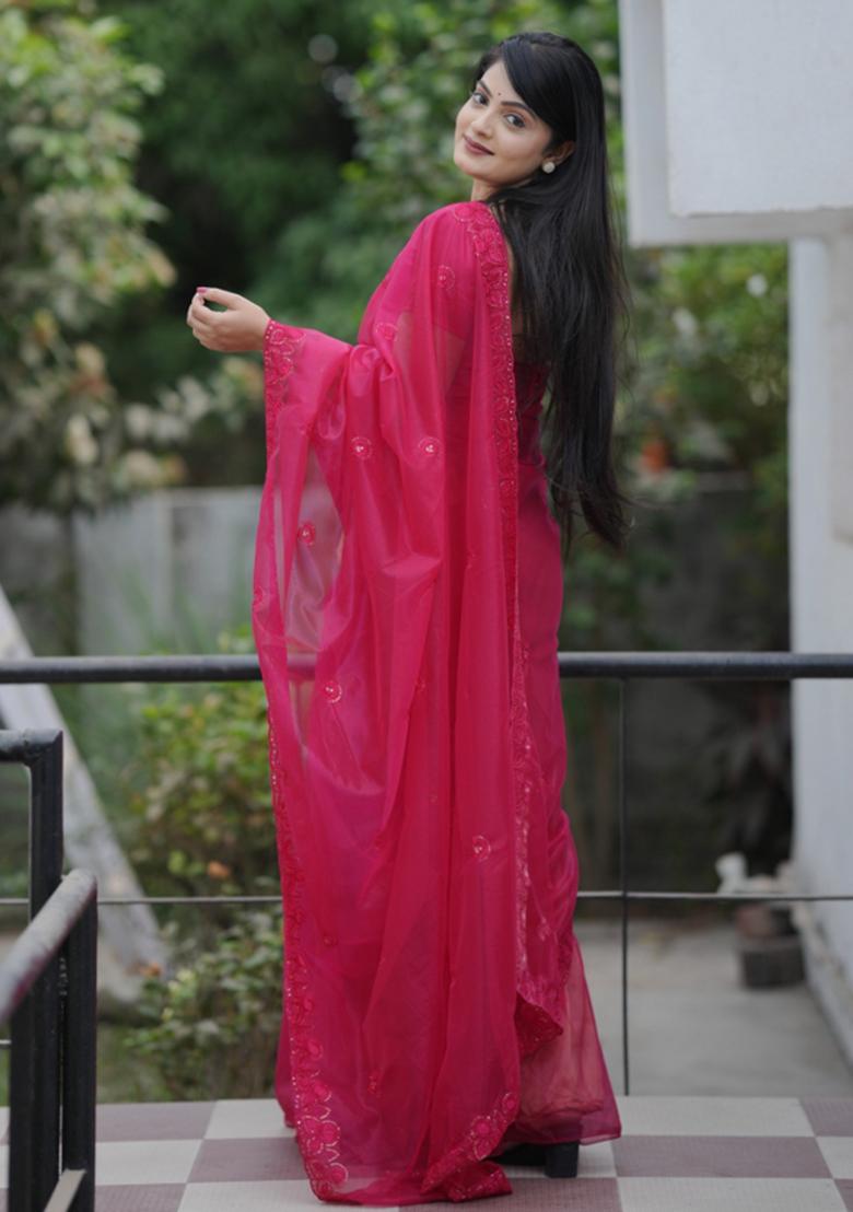 Pink Embroidered Polyester Saree Set - Indya