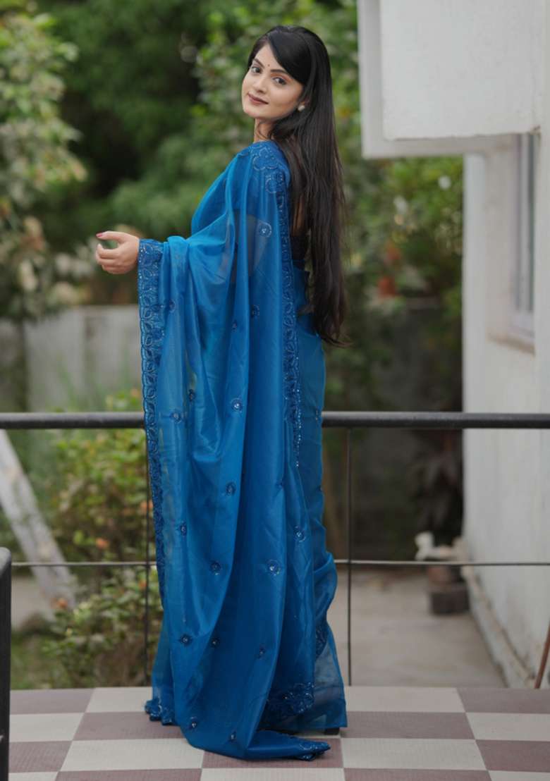 Teal Polyester Saree Set with Embroidered for Diwali | Wedding & Festive Wear - Indya