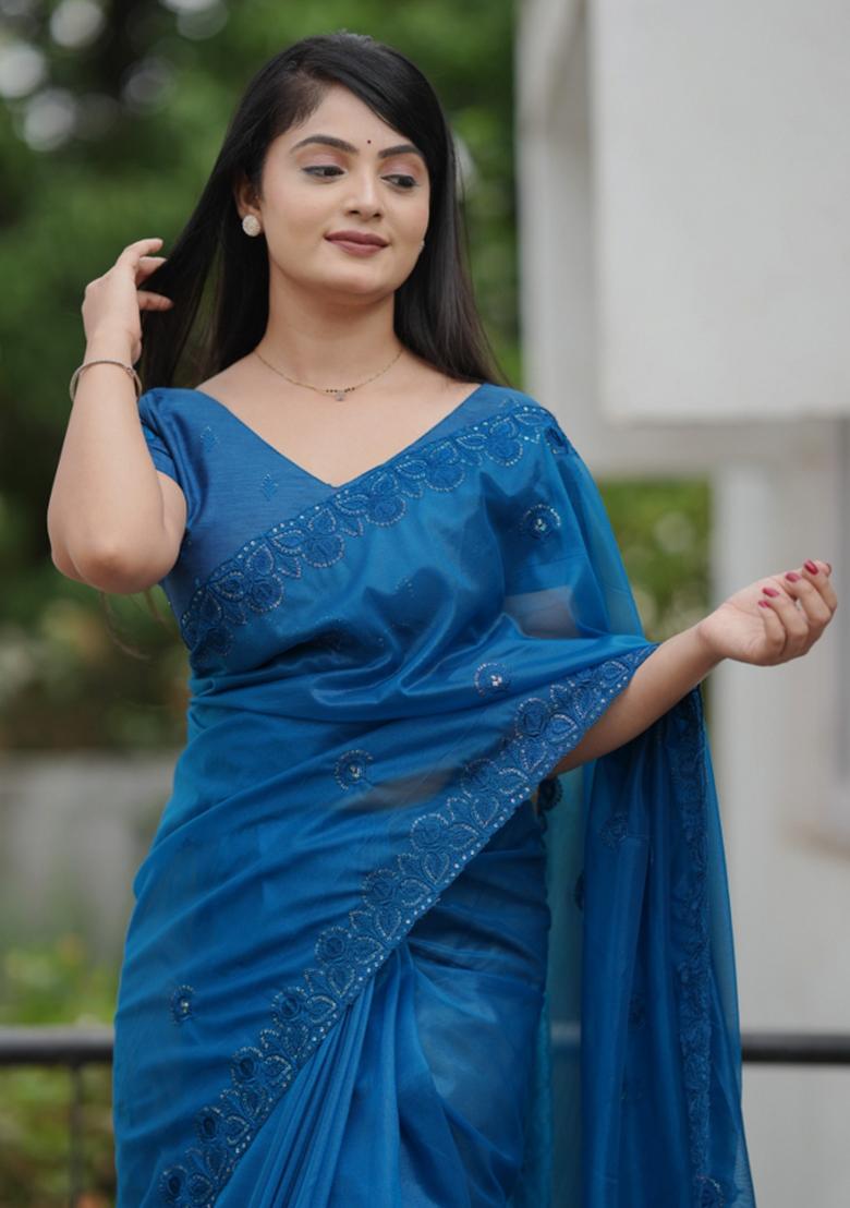 Teal Embroidered Polyester Saree Set - Indya