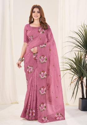 Pink Embroidered Polyester Saree Set