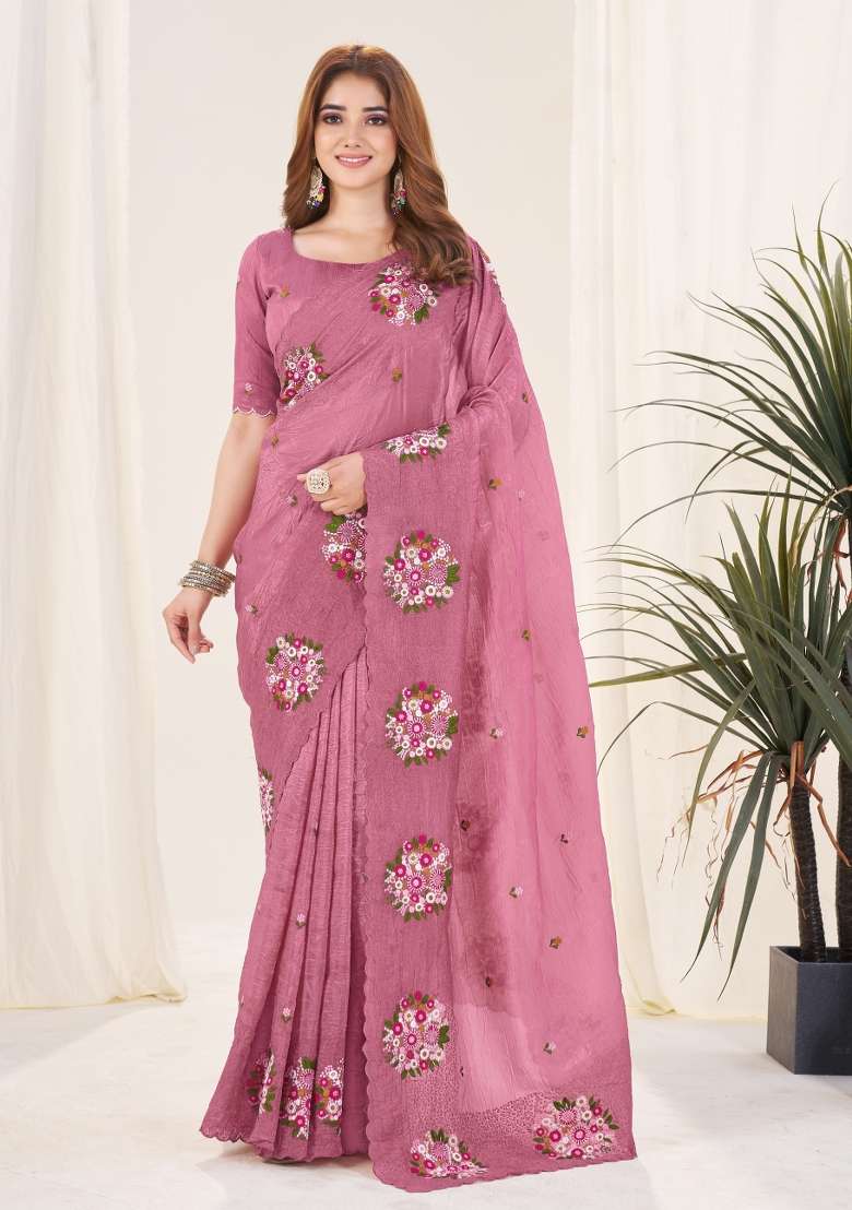 Pink Polyester Saree Set with Embroidered for Diwali | Wedding & Festive Wear - Indya