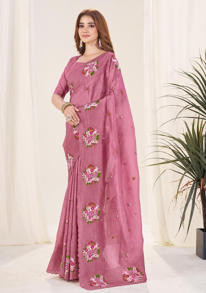 Pink Embroidered Polyester Saree Set - Indya