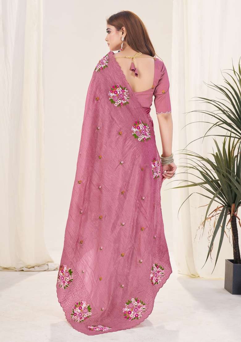 Pink Polyester Saree Set with Embroidered for Diwali | Wedding & Festive Wear - Indya