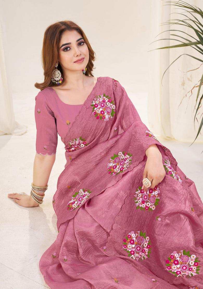 Pink Embroidered Polyester Saree Set - Indya