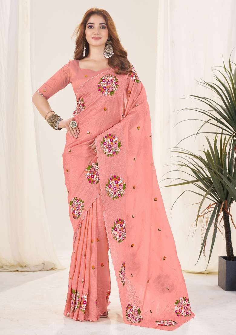 Peach Embroidered Polyester Saree Set for Diwali and Festive Wear - Indya
