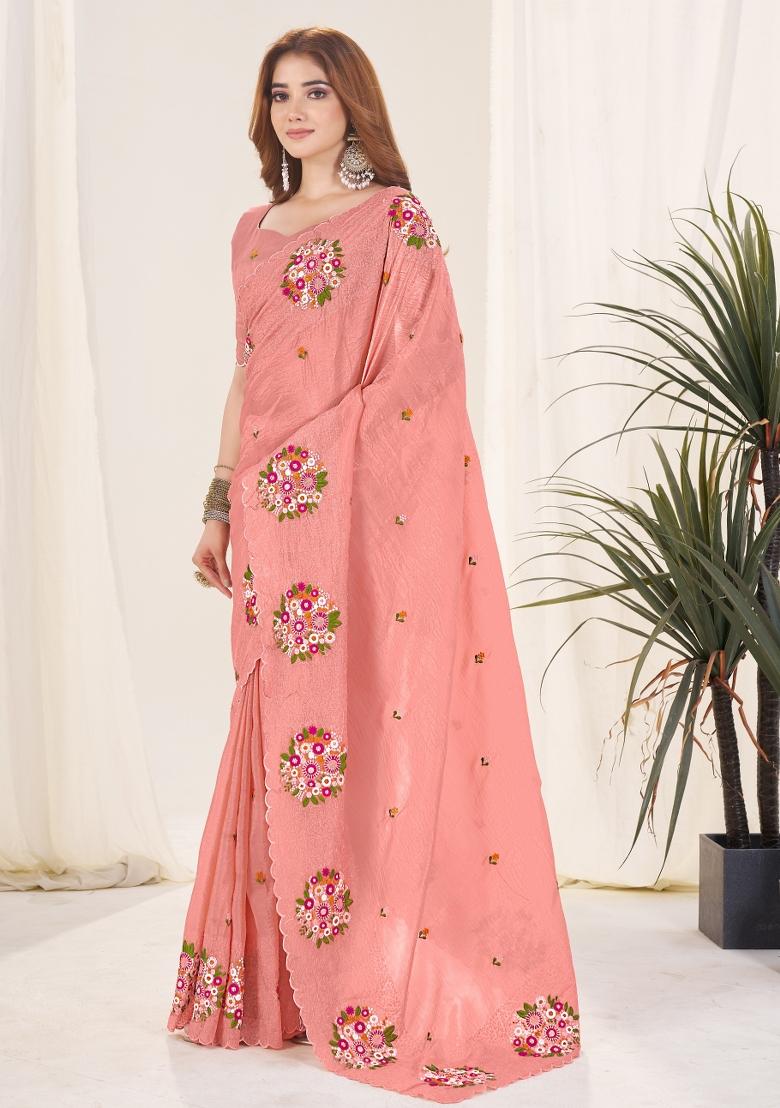 Peach Embroidered Polyester Saree Set - Indya