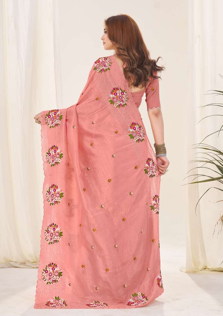 Peach Embroidered Polyester Saree Set for Diwali and Festive Wear - Indya