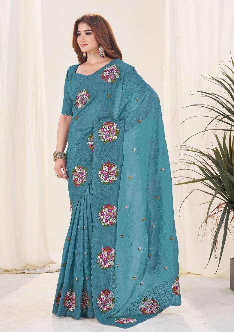 Teal Embroidered Polyester Saree Set - Indya