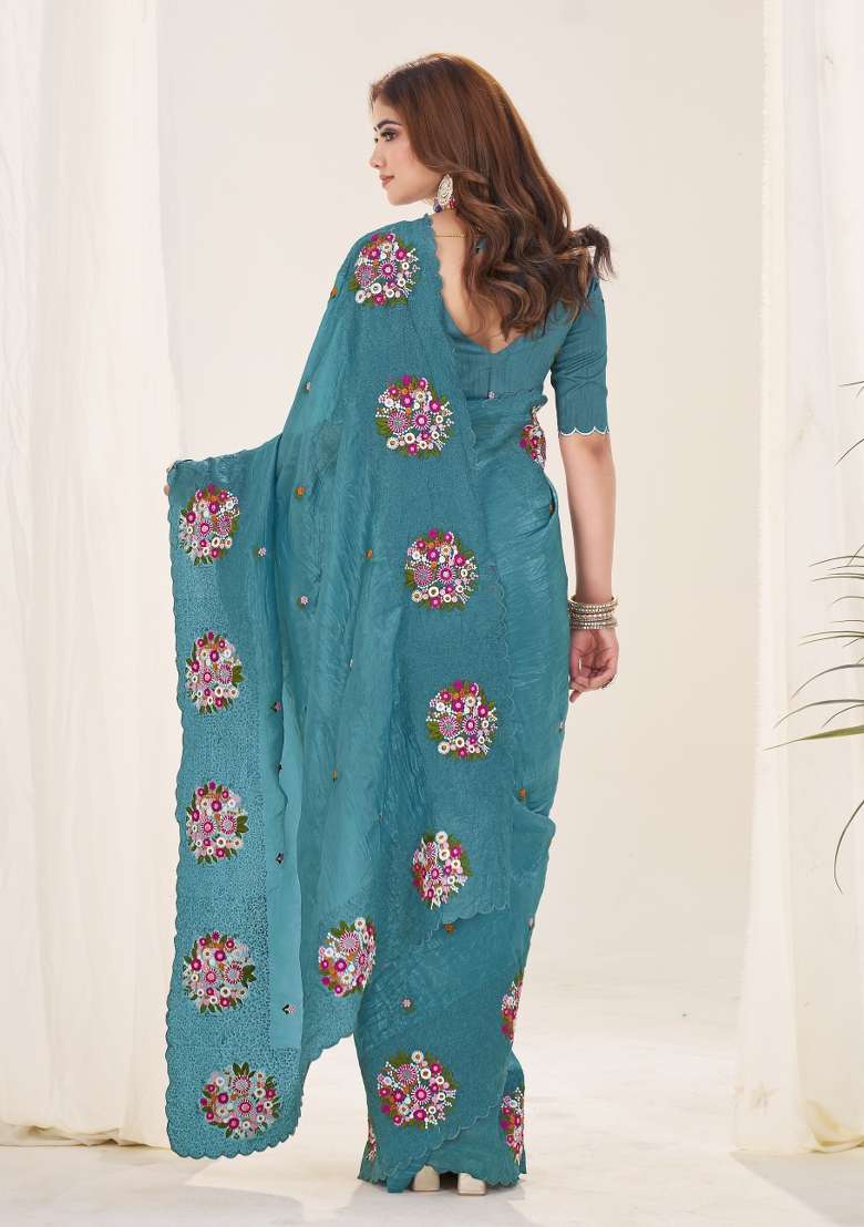Teal Embroidered Polyester Saree Set for Diwali and Festive Wear - Indya