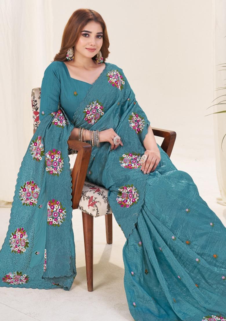 Teal Embroidered Polyester Saree Set - Indya