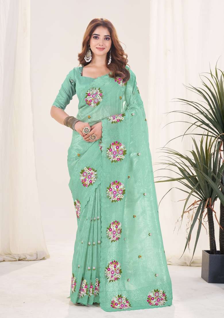 Blue Embroidered Polyester Saree Set for Diwali and Festive Wear - Indya